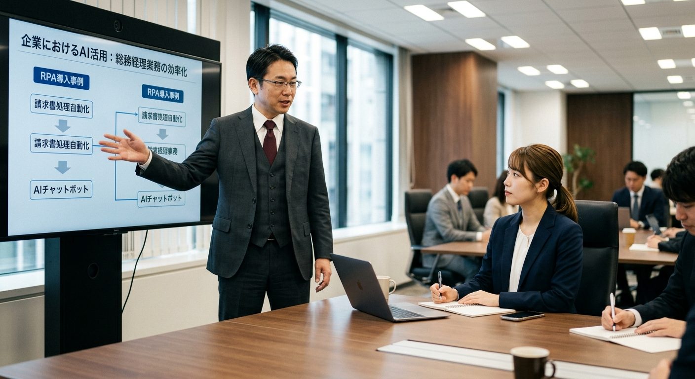 AIの専門家が、総務経理の担当者に業務でのAI活用をレクチャーしている様子